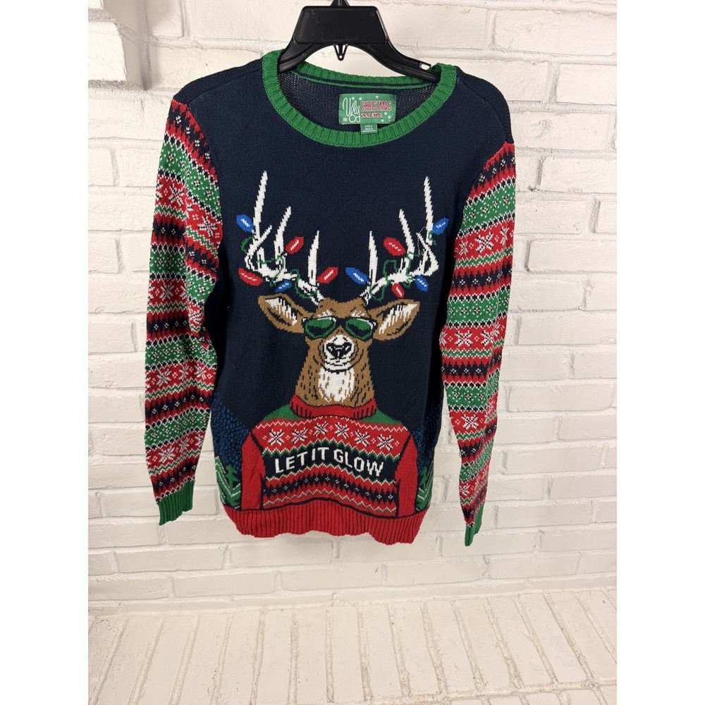 Ugly Christmas Sweater XL Let It Glow Reindeer LED Light Up Holiday Knit